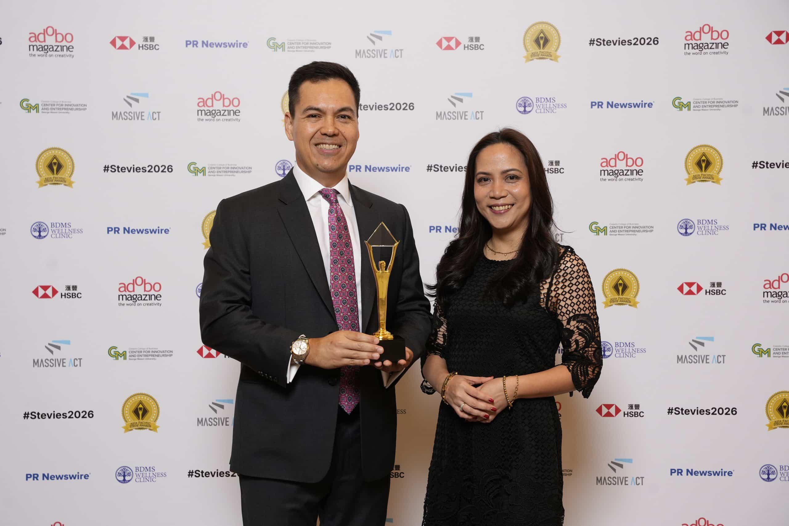 Will Howell, COO and CFO of 2GO Group, Inc., and Ethel Concepcion, Head of Corporate Marketing and Communications, accept two 2026 Asia-Pacific Stevie® Awards on behalf of 2GO Group.